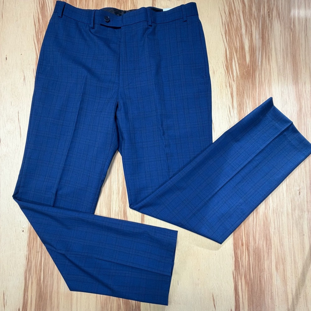 Calvin Klein Extreme Slim Fit Wool Dress Pants Blue Plaid 36x32 NWT